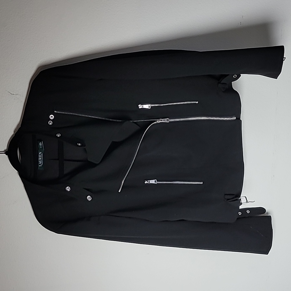 Lauren Ralph Lauren Black Moto Jacket Size 16 Asymmetrical Zip Silver Hardware